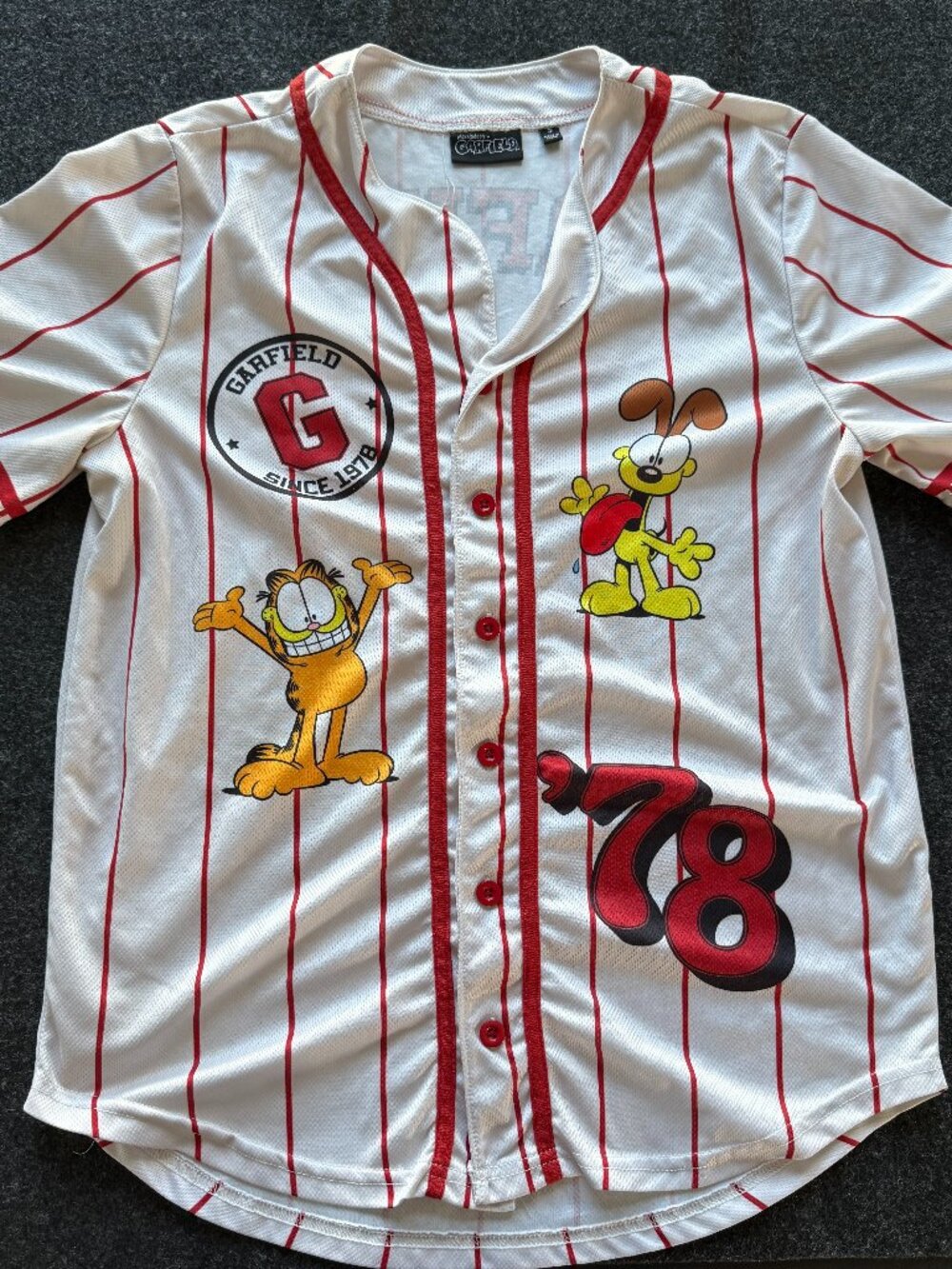 Garfield Odie Baseball Jersey Adult Small ’78 White Red Pinstripe